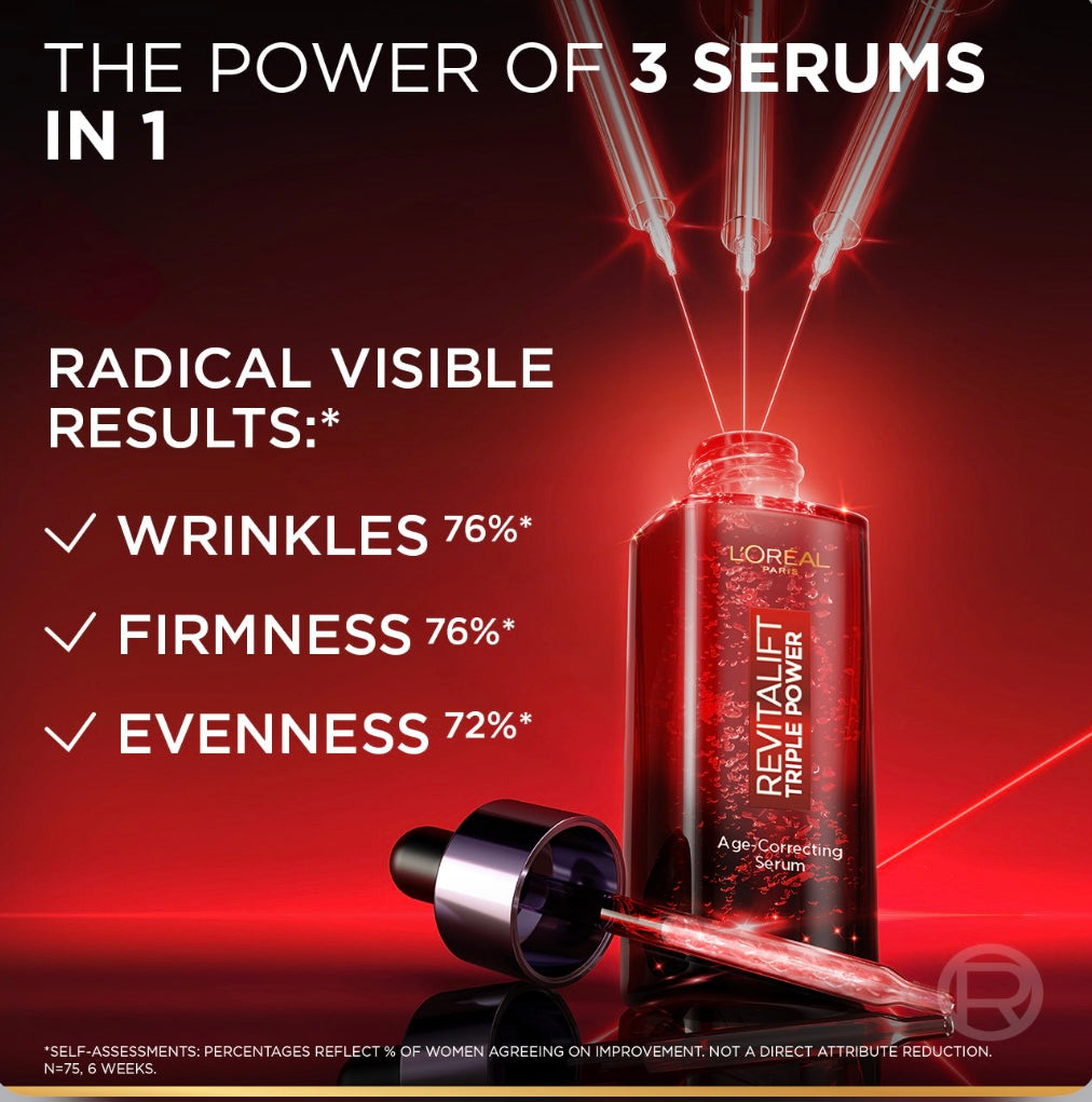 L’Oréal revitalift triple age-correcting Serum with Tri-peptides, Hyaluronic Acid, and Vitamin C, to hydrate, tone & Firm skin, 30ml