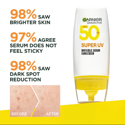 Garnier Super UV Invisible Serum Sunscreen SPF 50 PA+++ 30ml – Lightweight Daily Sun Protection for All Skin Types