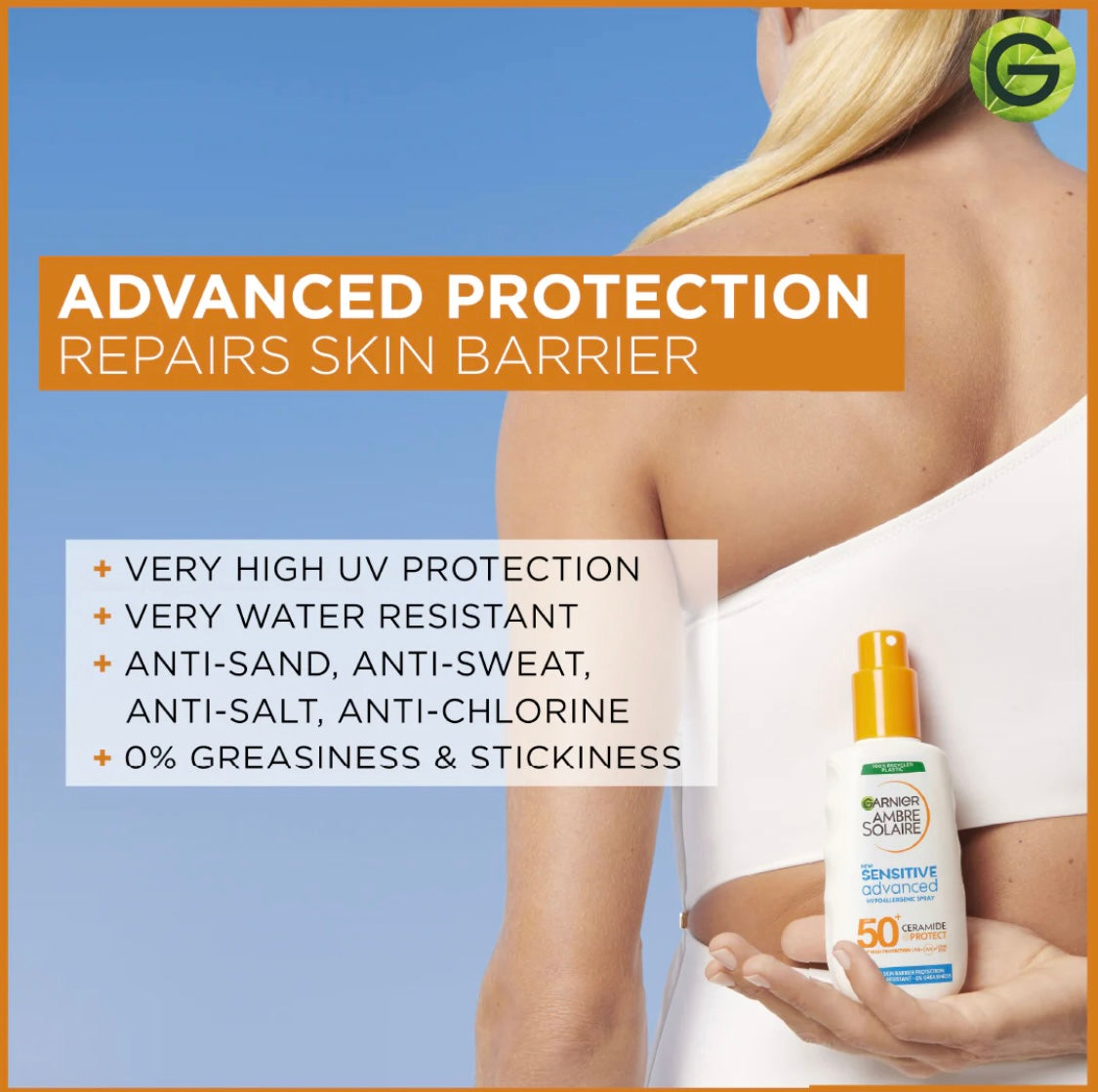 Garnier Ambre Solaire Sensitive Advanced SPF 50+ Ceramide Protect Sunscreen Spray 150ml – Very High Protection for Sensitive Skin