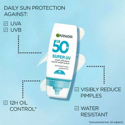 Garnier Super UV Anti-Acne Sunscreen SPF 50 30ml – 12H Oil Control Face Sunscreen for Oily & Acne-Prone Skin