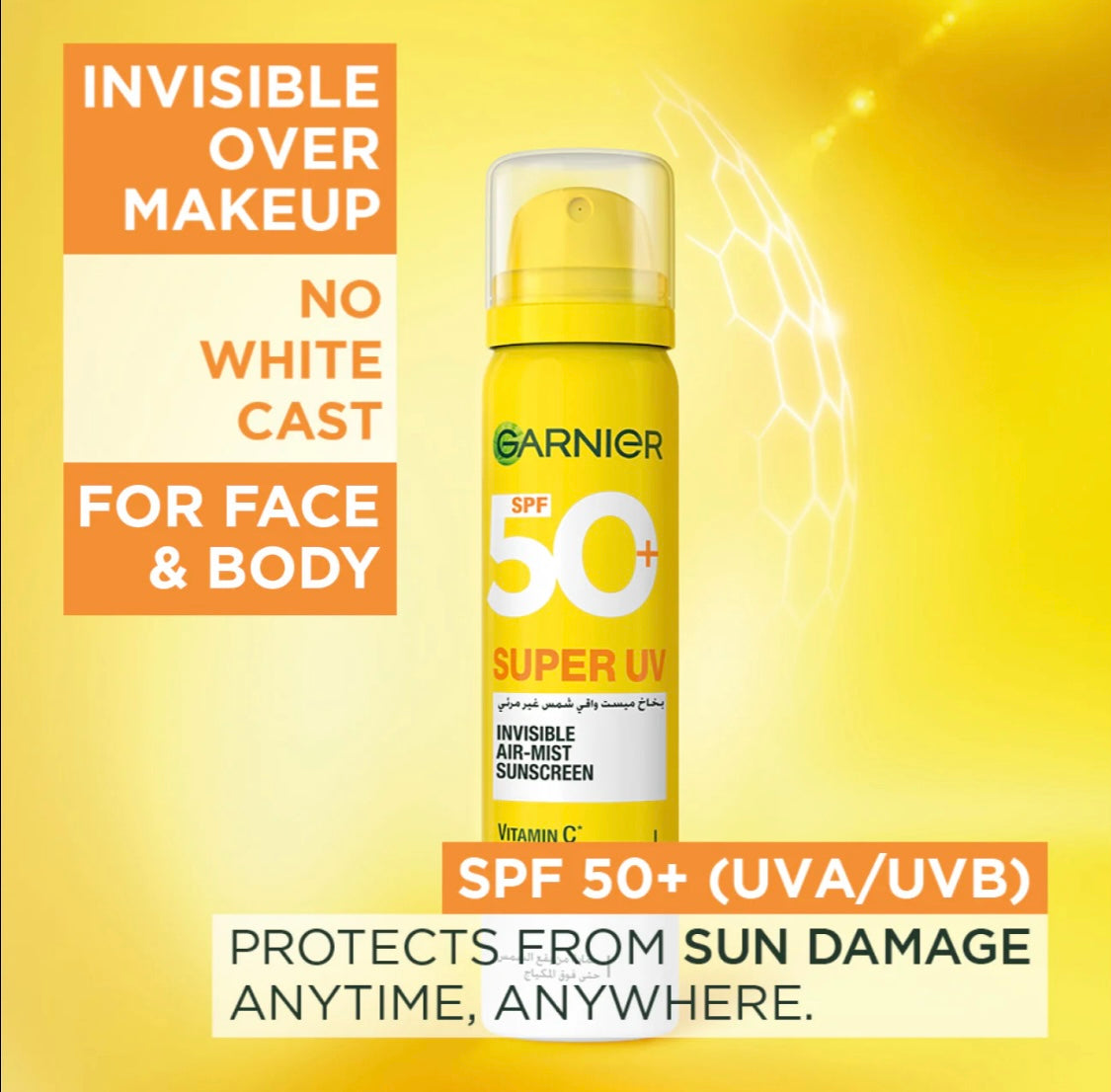 Garnier Super UV Invisible Air Mist Sunscreen SPF 50+ 75ml – Face & Body Spray for All Skin Types