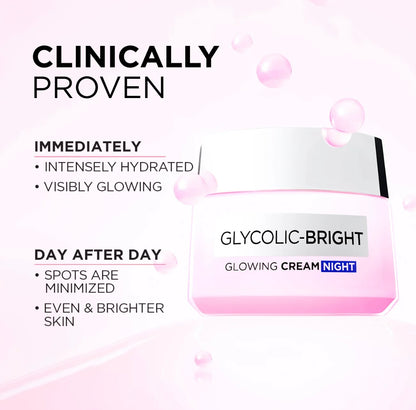 L’Oréal Paris Glycolic Bright Glowing Night Care for Dark Spots Reduction, Glow Boosting and Skin Tone Evenness-50ml