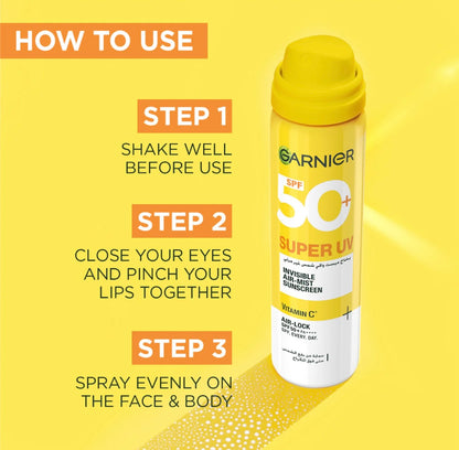 Garnier Super UV Invisible Air Mist Sunscreen SPF 50+ 75ml – Face & Body Spray for All Skin Types