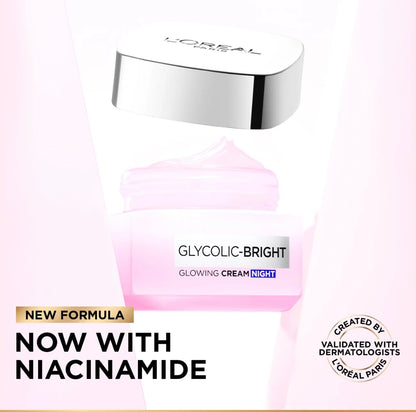 L’Oréal Paris Glycolic Bright Glowing Night Care for Dark Spots Reduction, Glow Boosting and Skin Tone Evenness-50ml