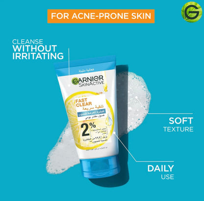 Garnier Fast Clear 3-in-1 Anti-Acne Exfoliating Wash with 2% Salicylic Acid & Vitamin C – Cleanser, Scrub & Mask for Oily and Acne-Prone Skin 150ml