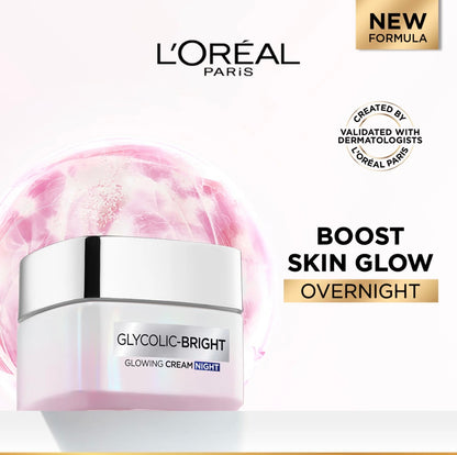 L’Oréal Paris Glycolic Bright Glowing Night Care for Dark Spots Reduction, Glow Boosting and Skin Tone Evenness-50ml