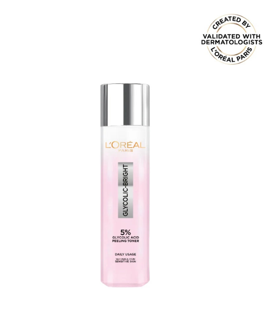 L’Oréal Paris Glycolic Bright Glowing Peeling Toner with 5% Glycolic Acid, for Brightening, Dark Spots reduction & Skin tone evening, 128ml