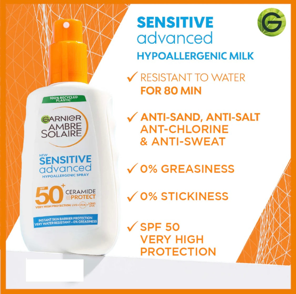 Garnier Ambre Solaire Sensitive Advanced SPF 50+ Ceramide Protect Sunscreen Spray 150ml – Very High Protection for Sensitive Skin