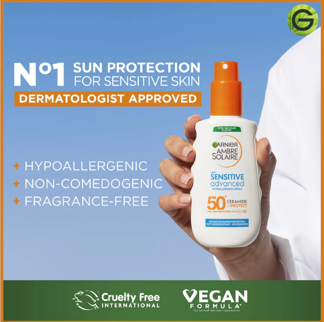 Garnier Ambre Solaire Sensitive Advanced SPF 50+ Ceramide Protect Sunscreen Spray 150ml – Very High Protection for Sensitive Skin