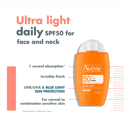 Avène Ultra Fluid Sunscreen SPF 50+ Invisible – High Protection Lightweight Sunscreen