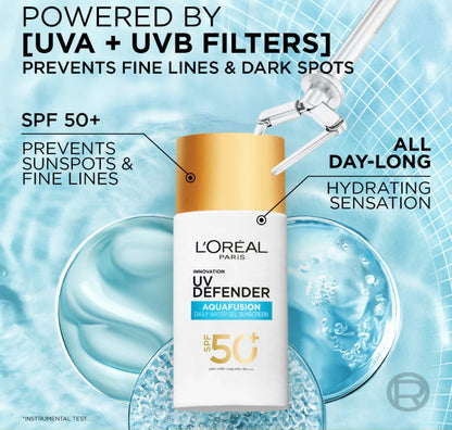 L’Oréal Paris, UV Defender, Aquafusion Daily Water Gel Sunscreen, spf 50+ PA++++Defends from all UV aging sign, absorbs in 3 seconds, 50ml