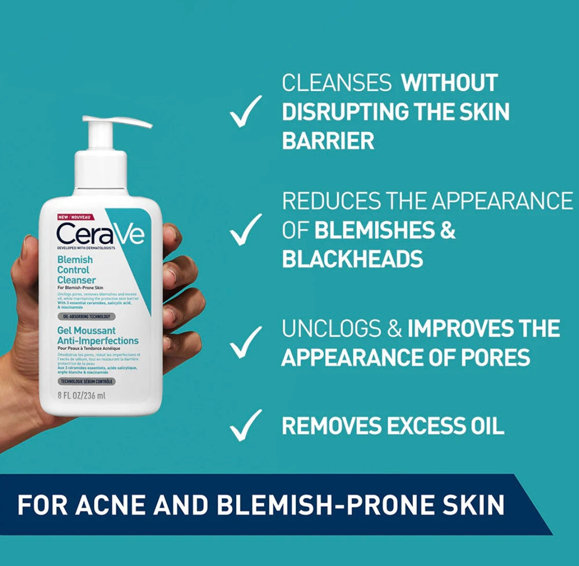 CeraVe Blemish Control Cleanser – Gel-to-Foam Acne Wash for Blemish-Prone Skin