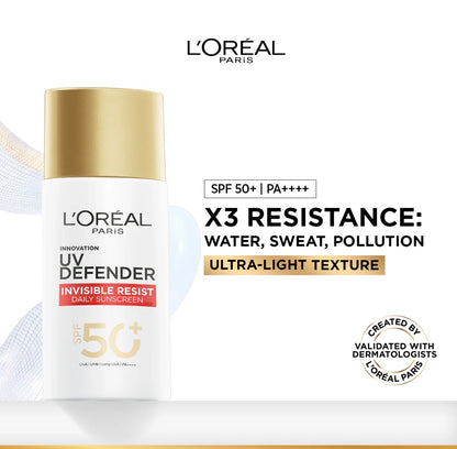 L’Oréal Paris, UV defender Invisible Resist, Spf 50 + Daily Sunscreen, with UVA Protection, for all skin types, 50ml