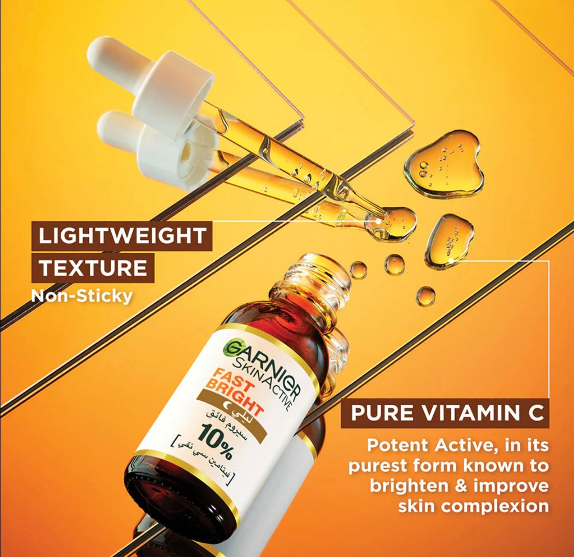 Garnier Fast Bright 10% Pure Vitamin C Brightening Overnight Serum 30ml – Dark Spot Corrector & Radiance Booster