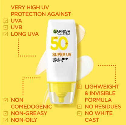 Garnier Super UV Invisible Serum Sunscreen SPF 50 PA+++ 30ml – Lightweight Daily Sun Protection for All Skin Types