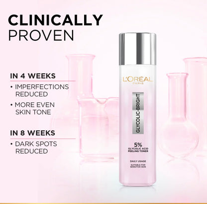 L’Oréal Paris Glycolic Bright Glowing Peeling Toner with 5% Glycolic Acid, for Brightening, Dark Spots reduction & Skin tone evening, 128ml