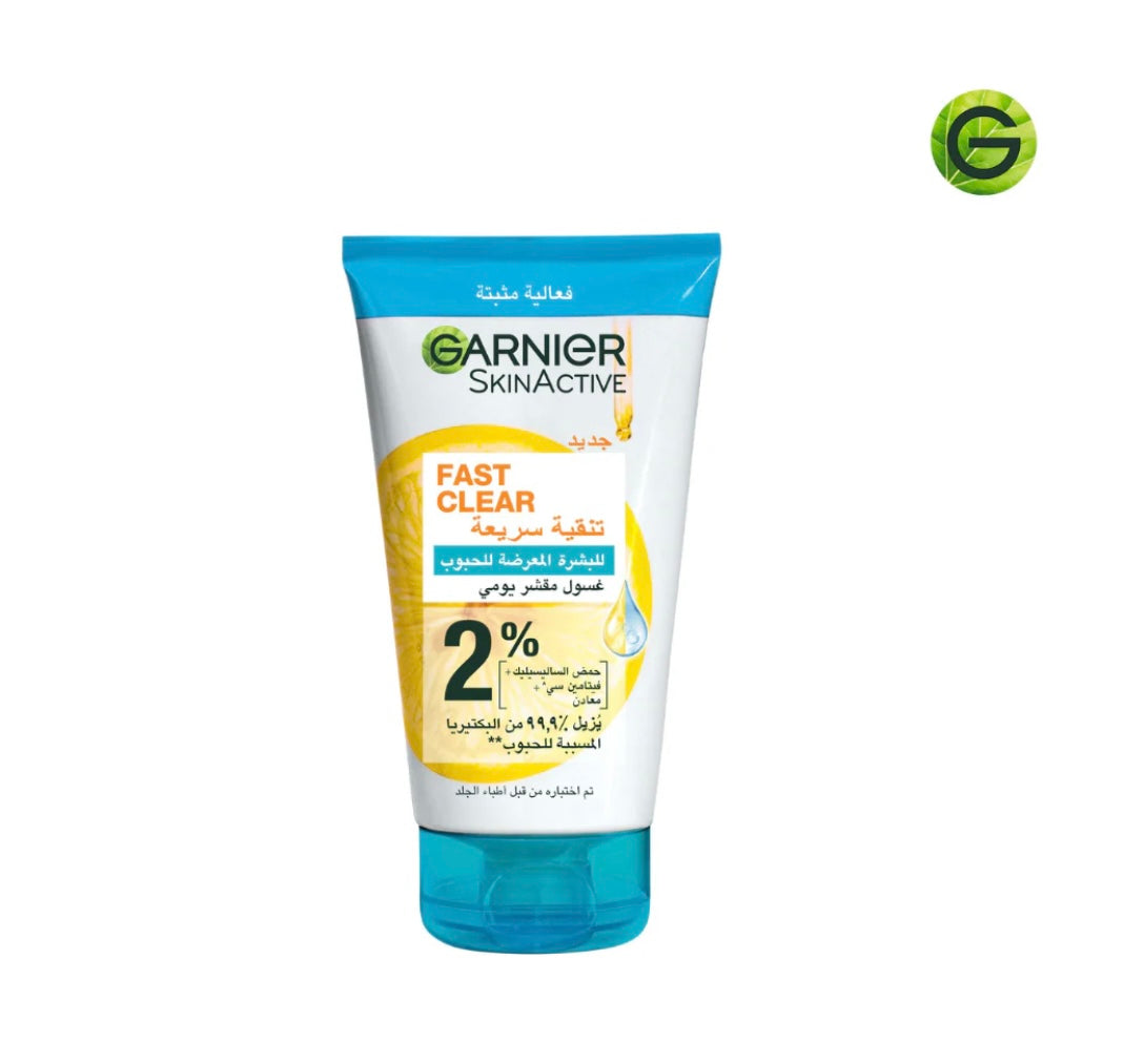Garnier Fast Clear 3-in-1 Anti-Acne Exfoliating Wash with 2% Salicylic Acid & Vitamin C – Cleanser, Scrub & Mask for Oily and Acne-Prone Skin 150ml