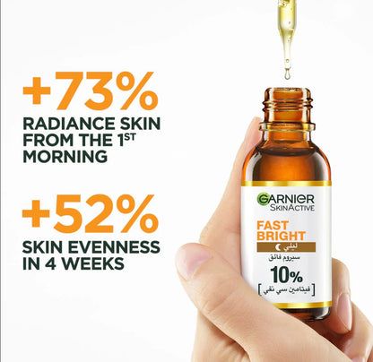 Garnier Fast Bright 10% Pure Vitamin C Brightening Overnight Serum 30ml – Dark Spot Corrector & Radiance Booster