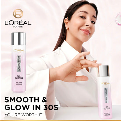 L’Oréal Paris Glycolic Bright Glowing Peeling Toner with 5% Glycolic Acid, for Brightening, Dark Spots reduction & Skin tone evening, 128ml