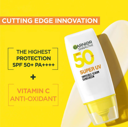 Garnier Super UV Invisible Serum Sunscreen SPF 50 PA+++ 30ml – Lightweight Daily Sun Protection for All Skin Types