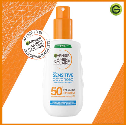Garnier Ambre Solaire Sensitive Advanced SPF 50+ Ceramide Protect Sunscreen Spray 150ml – Very High Protection for Sensitive Skin