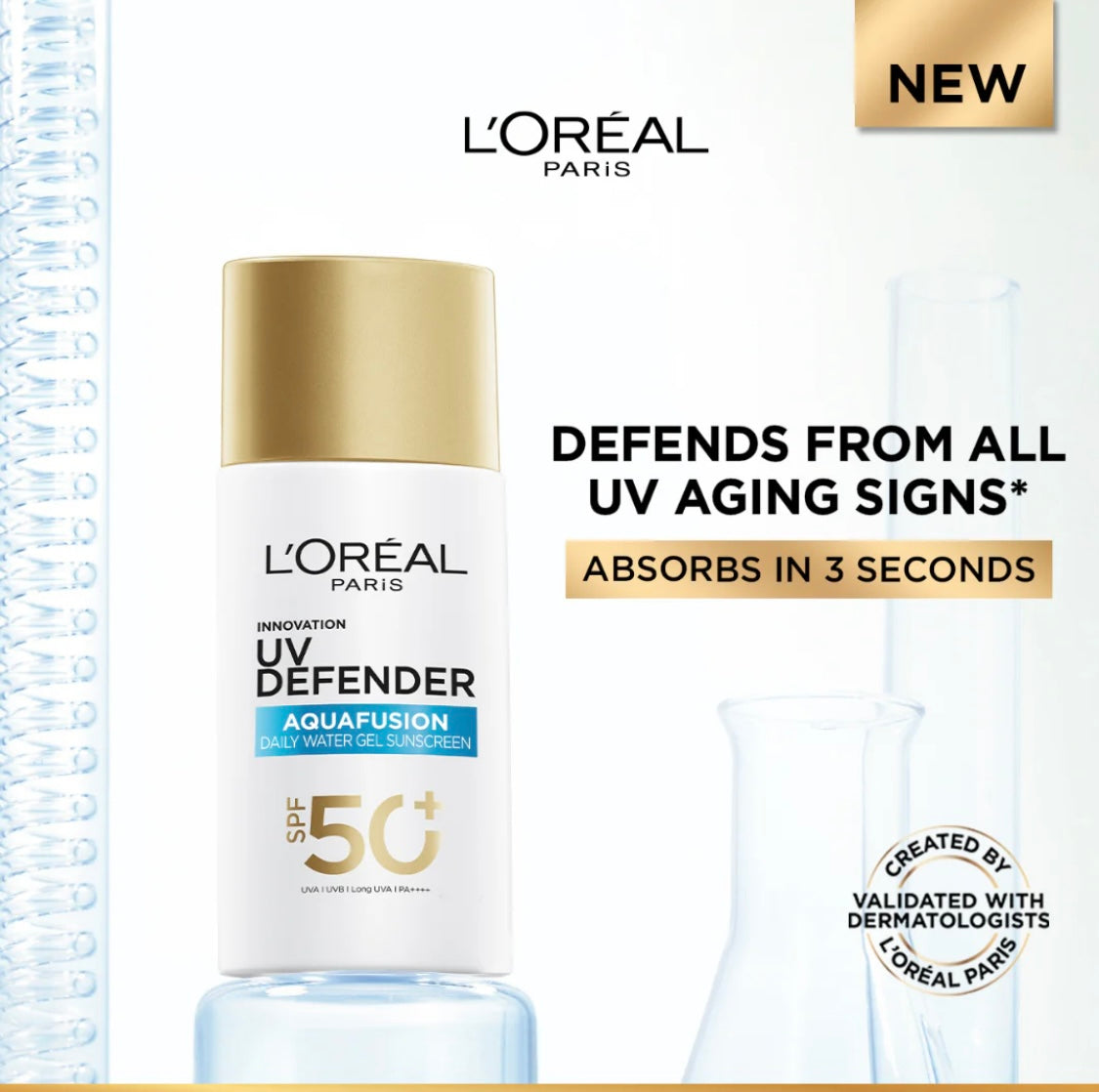 L’Oréal Paris, UV Defender, Aquafusion Daily Water Gel Sunscreen, spf 50+ PA++++Defends from all UV aging sign, absorbs in 3 seconds, 50ml