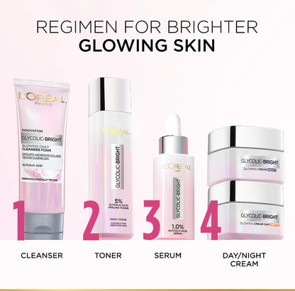L’Oréal Paris Glycolic Bright Glowing Peeling Toner with 5% Glycolic Acid, for Brightening, Dark Spots reduction & Skin tone evening, 128ml