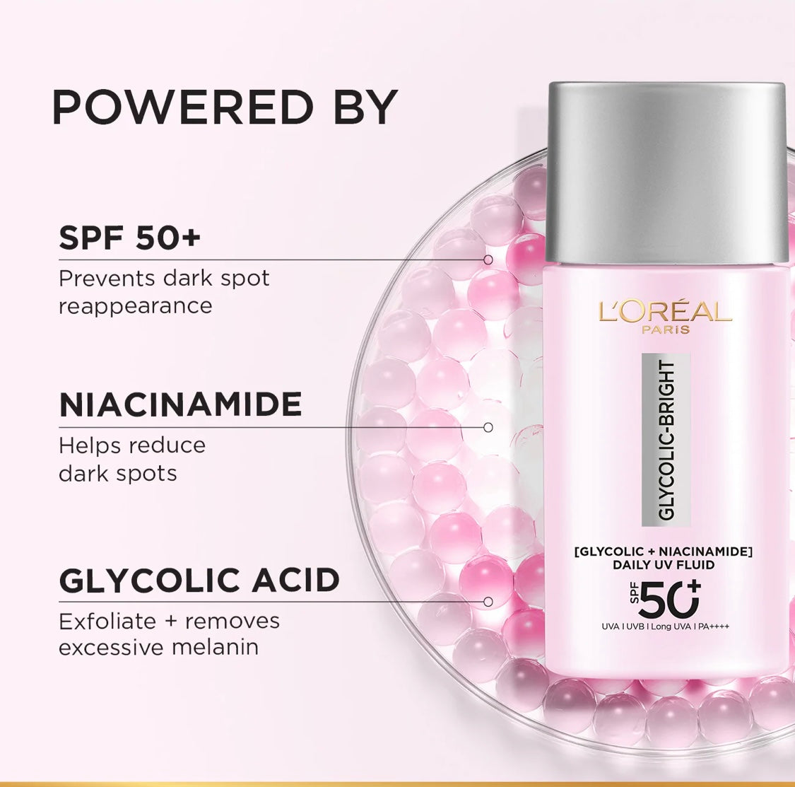 L’Oréal Paris, Glycolic Bright Anti-dark Spot Daily UV Fluid, Spf 50 with [Glycolic Acid, Niacinamide], 50ml