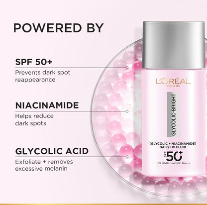 L’Oréal Paris, Glycolic Bright Anti-dark Spot Daily UV Fluid, Spf 50 with [Glycolic Acid, Niacinamide], 50ml