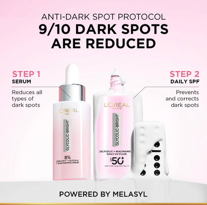 L’Oréal Paris, Glycolic Bright Anti-dark Spot Daily UV Fluid, Spf 50 with [Glycolic Acid, Niacinamide], 50ml