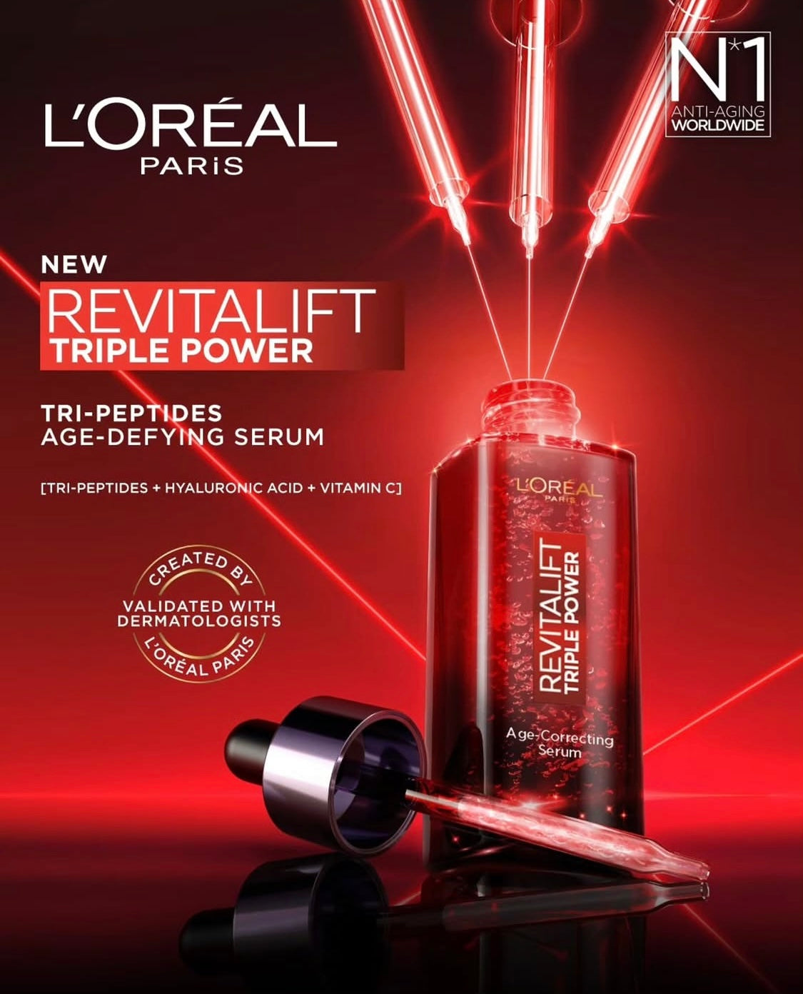 L’Oréal revitalift triple age-correcting Serum with Tri-peptides, Hyaluronic Acid, and Vitamin C, to hydrate, tone & Firm skin, 30ml