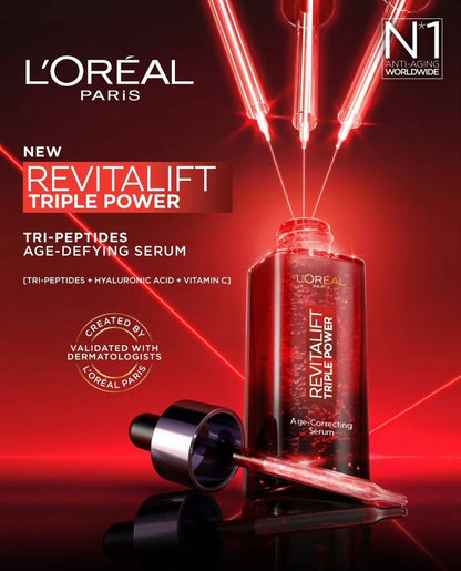 L’Oréal revitalift triple age-correcting Serum with Tri-peptides, Hyaluronic Acid, and Vitamin C, to hydrate, tone & Firm skin, 30ml