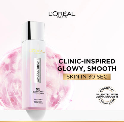 L’Oréal Paris Glycolic Bright Glowing Peeling Toner with 5% Glycolic Acid, for Brightening, Dark Spots reduction & Skin tone evening, 128ml