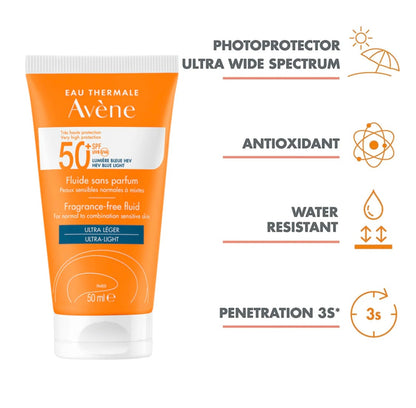 Avène Ultra-Light Fluid SPF 50+ Fragrance-Free – Sunscreen for Normal to Combination Sensitive Skin