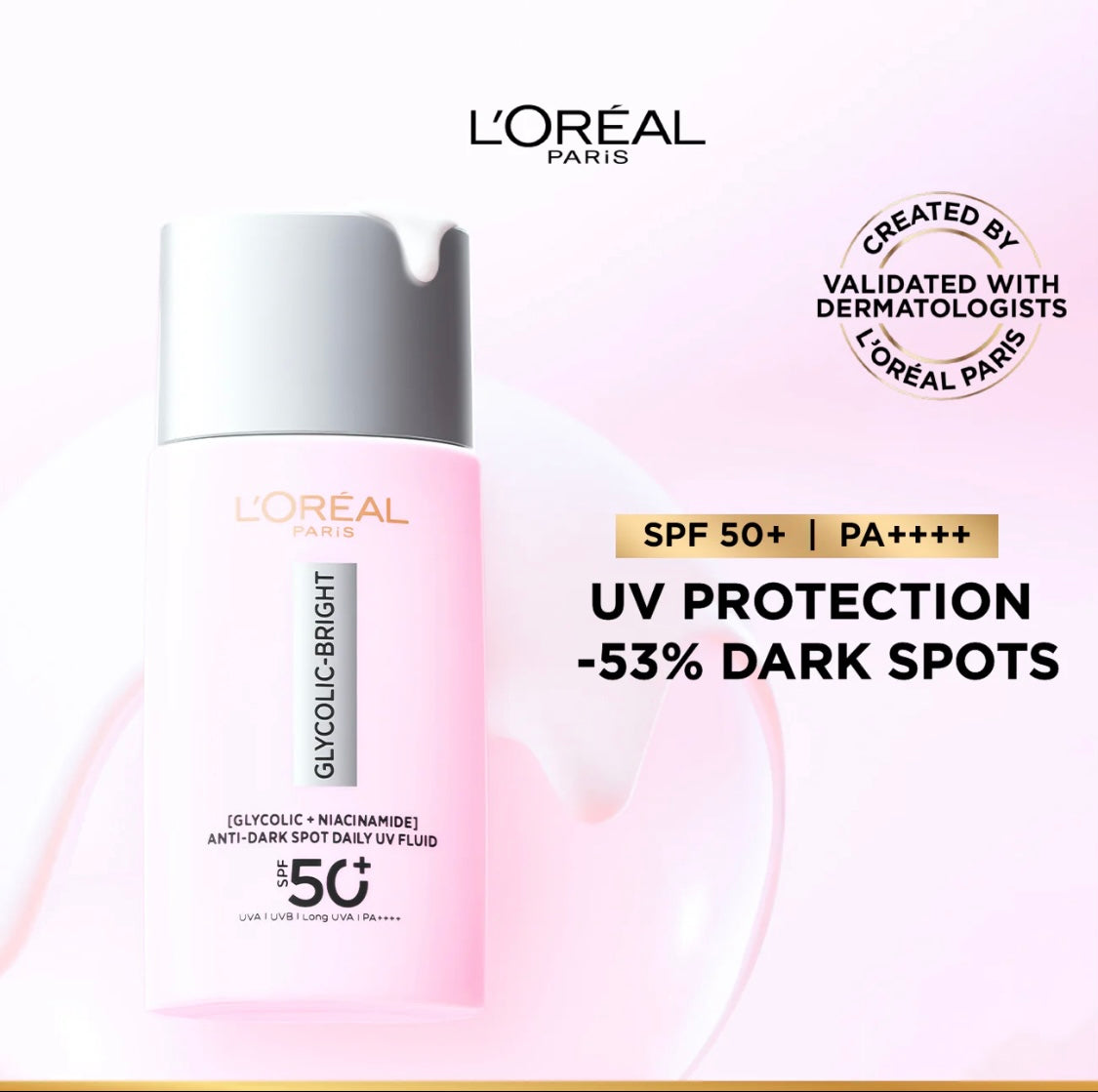 L’Oréal Paris, Glycolic Bright Anti-dark Spot Daily UV Fluid, Spf 50 with [Glycolic Acid, Niacinamide], 50ml