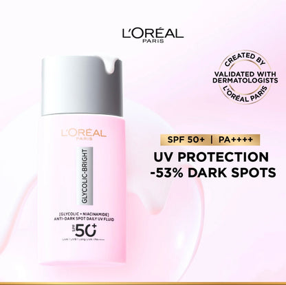 L’Oréal Paris, Glycolic Bright Anti-dark Spot Daily UV Fluid, Spf 50 with [Glycolic Acid, Niacinamide], 50ml