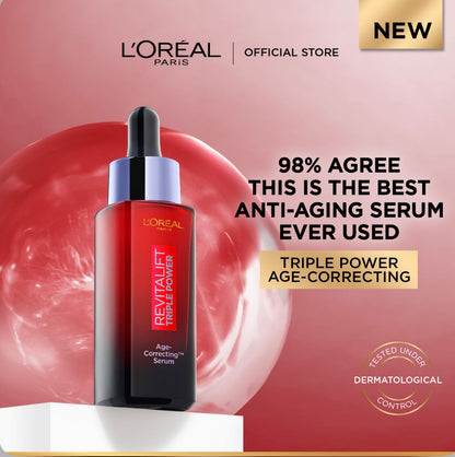 L’Oréal revitalift triple age-correcting Serum with Tri-peptides, Hyaluronic Acid, and Vitamin C, to hydrate, tone & Firm skin, 30ml