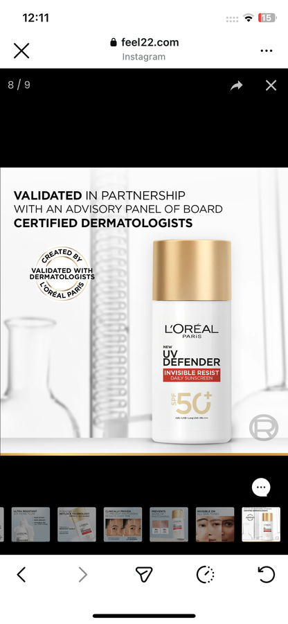 L’Oréal Paris, UV defender Invisible Resist, Spf 50 + Daily Sunscreen, with UVA Protection, for all skin types, 50ml